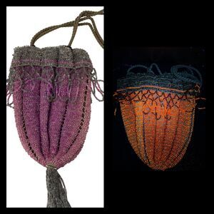 Glass Bead Drawstring Flapper Purse Manganese Cadmium 1920s Purple UV Reactive